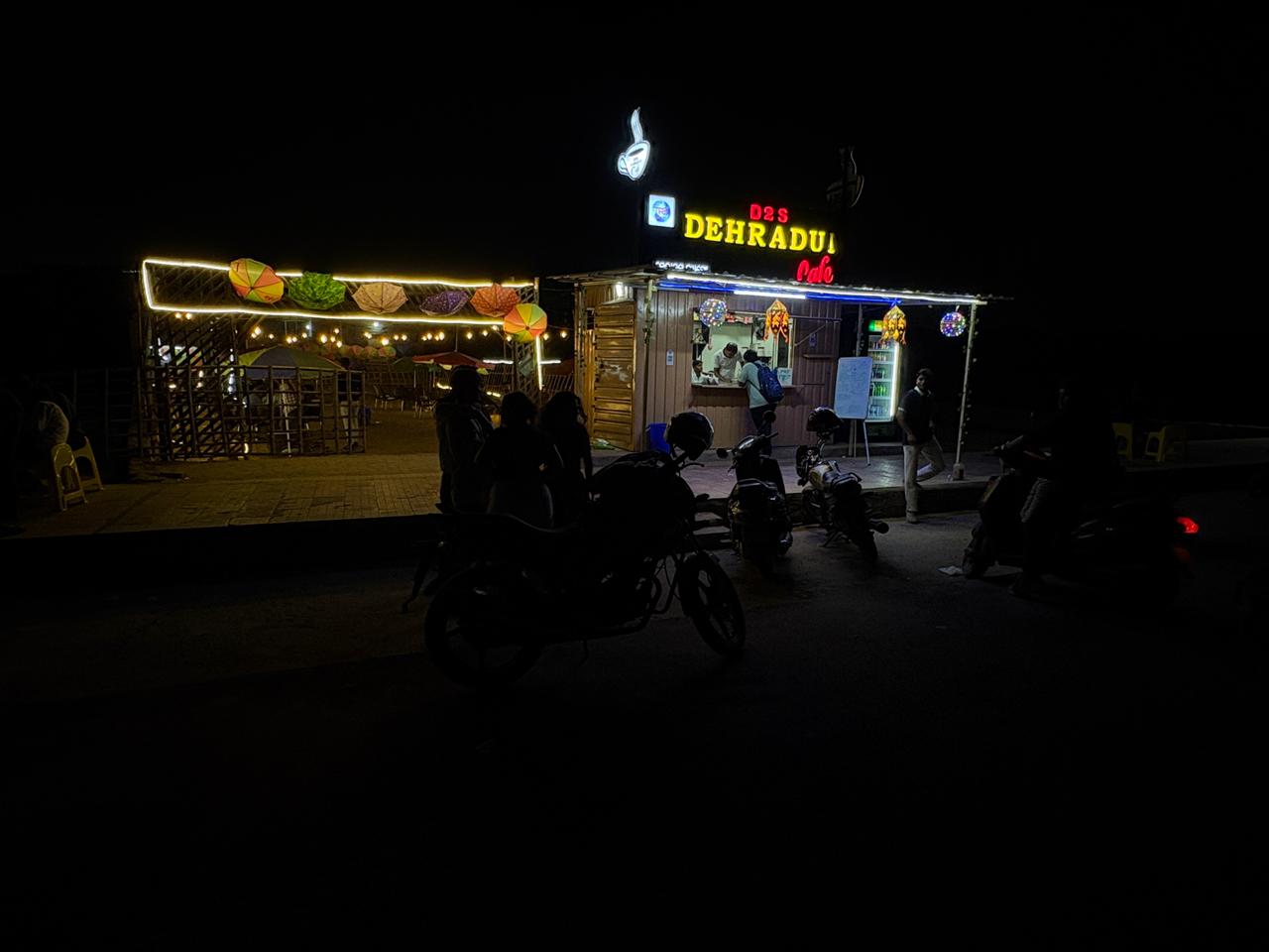 Exterior view of D2S Dehradun Cafe at night