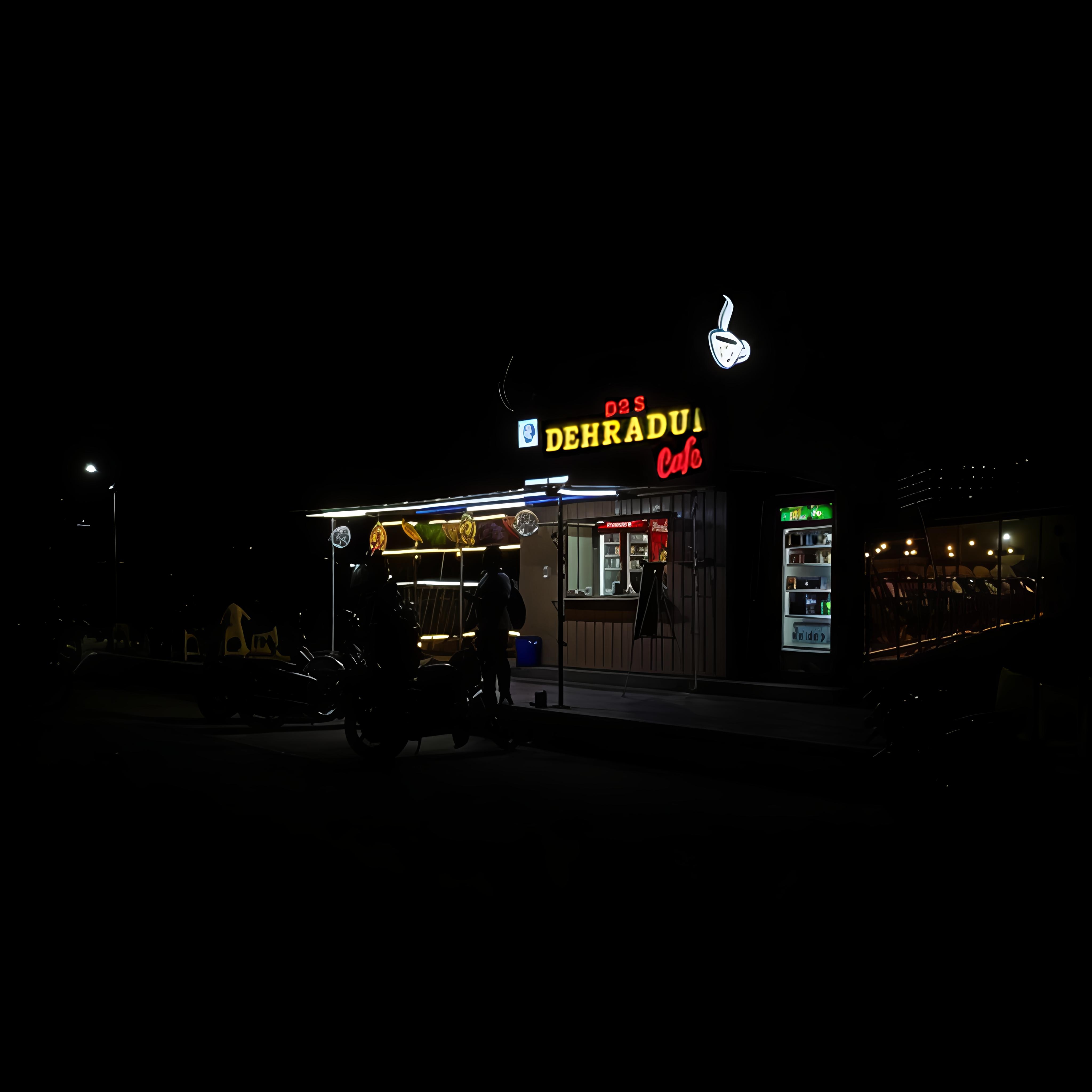 D2S Dehradun Cafe front view at night